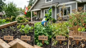 A photorealistic horizontal timeline showing the growth stages of slow bolt cilantro seeds from Day 1 germination to a full, delayed-bolting harvest.