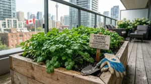 A photorealistic view of slow bolt cilantro growing in a cedar planter on a Toronto condo balcony, featuring the CN Tower and Canadian flag in the background.