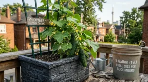 Illustration comparing bush cucumber seeds for containers with traditional vining varieties for small Canadian garden spaces.