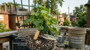 Design showing a small A-frame trellis inside a container to support climbing cucumber varieties in limited spaces.