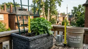 Diagram showing the correct planting depth for cucumber seeds in a potting mix, labeled in centimeters for Canadian gardeners.