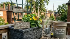 Infographic showing a 5-gallon (19L) bucket as the ideal size for growing cucumber seeds on a patio.