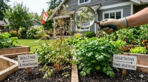 A photorealistic comparison showing slow bolt cilantro thriving at 30°C in a hot Canadian summer versus standard cilantro that has bolted prematurely.