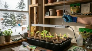 Proper height adjustment of an LED grow light above young seedlings to prevent stretching and ensure sturdy growth.