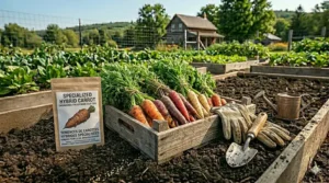 Detailed diagram showing how to amend heavy Canadian clay soil with mushroom compost and perlite to improve carrot seed growth.