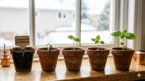 Growth stages of basil seeds for indoor growing, from germination to the first true leaves.