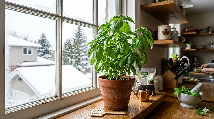 A vibrant green basil plant growing indoors on a sunny kitchen windowsill in Canada, highlighting year-round fresh herbs during winter.