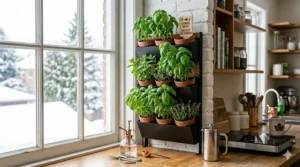 Vertical herb garden in a small Canadian apartment featuring fresh basil grown from seeds.