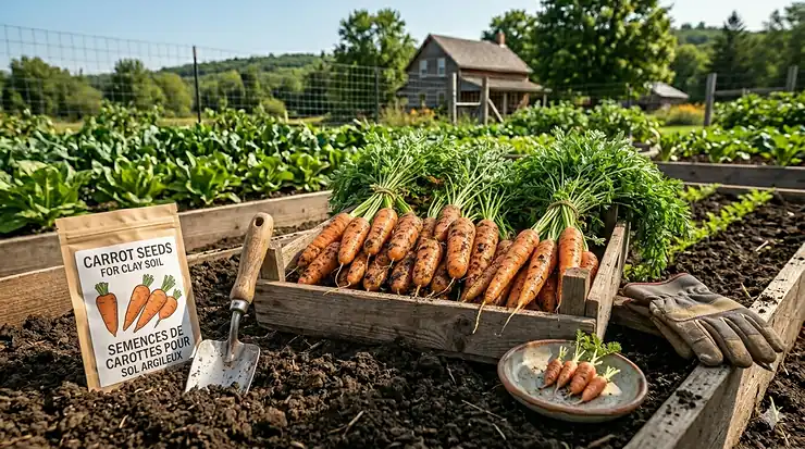 A bountiful harvest of short, thick Chantenay carrots pulled from heavy clay soil in a sun-drenched Canadian backyard garden.