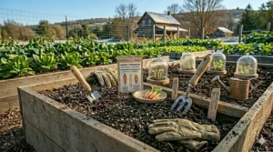 A photo of a bilingual (EN/FR) seed packet for "Carrots for Heavy Soil / Semences de carottes pour sol lourd" sitting on a Canadian potting bench.