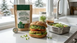 Illustration of fresh organic broccoli sprouts being added to a healthy sandwich, perfect for Canadian meal prep.