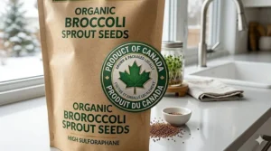 Bilingual English and French "Product of Canada" / "Produit du Canada" seal for broccoli sprout seeds organic.