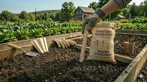 Comparison illustration showing a stunted carrot in unworked clay versus a healthy, blunt-tipped carrot grown from specific clay-tolerant seeds.