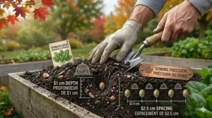 Garden layout showing spinach seeds for fall harvest planted alongside companion vegetables like kale and garlic.