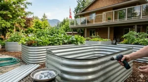 A person using a cordless drill to assemble a corrugated steel metal raised garden bed kit in a DIY home garden setting.
