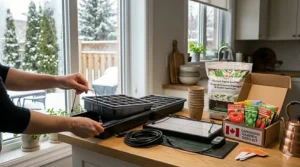 A person easily assembling a compact seed starting kit with grow light, designed for indoor use in Canadian apartments or homes.