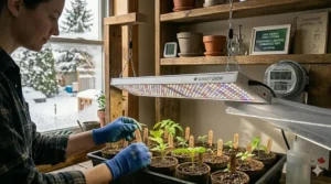 A cost-effective LED grow light panel used for seedlings, highlighting energy efficiency for Canadian indoor gardening.