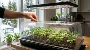 Healthy green seedlings emerging in a seed starting kit with grow light, illustrating successful early season germination.