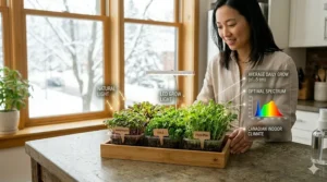 Illustration of microgreens thriving on a windowsill, perfect for year-round indoor gardening in Canada.