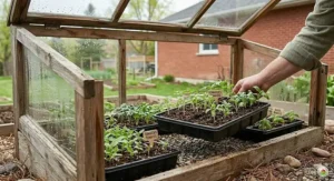 Hardening off young seedlings started in organic mix to prepare them for the variable Canadian outdoor climate.
