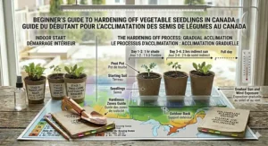 Beginner's guide illustration showing how to gradually acclimate vegetable seedlings to the Canadian outdoor climate.