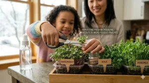 Close-up illustration of harvesting homegrown sprouts from a microgreens starter kit using kitchen scissors.