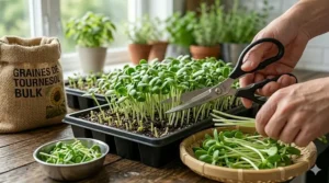 Sharp scissors harvesting fresh, crunchy sunflower microgreens.