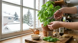Harvesting fresh organic basil leaves grown indoors from seeds for home cooking in Canada.