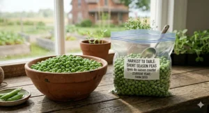 A photorealistic 4K illustration of fresh, shelled peas from a short growing season harvest, in a terracotta bowl and a freezer bag labeled for storage, on a wooden bench by a window overlooking a Canadian garden.