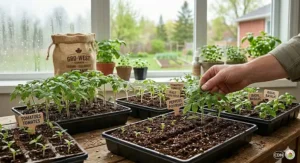 Vibrant, healthy green seedlings grown in high-quality organic seed starting mix, ready for transplanting into a Canadian garden.