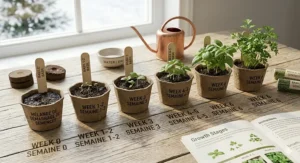 Growth stages of a basil and parsley herb seed starter kit from germination to harvest.