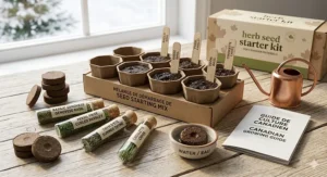 A complete herb seed starter kit featuring organic seeds and biodegradable pots on a sunlit wooden countertop in a Canadian home.