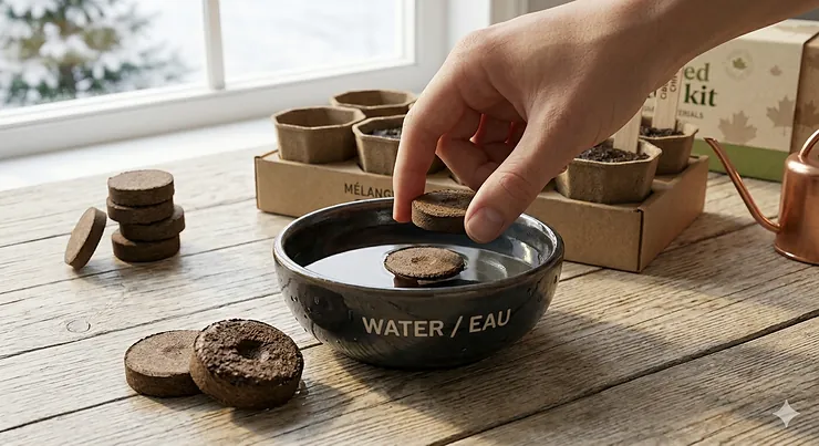 Step-by-step illustration of hydrating compressed soil discs for an indoor herb seed starter kit.