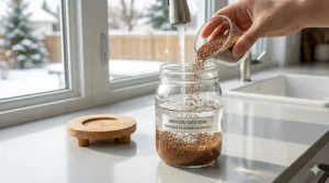 Infographic showing the 4-step process of growing broccoli sprout seeds organic at home, from soaking to harvest.