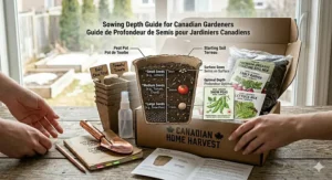 A technical illustration for Canadian beginners showing the correct sowing depth for various vegetable seeds in a starter tray.
