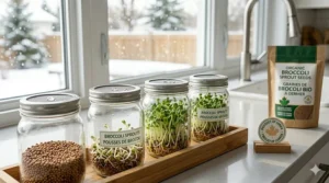 Indoor winter gardening in Canada showing organic broccoli sprouts growing on a sunny windowsill during a snowy day.