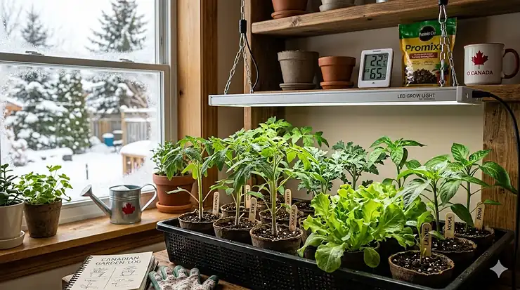 Vibrant vegetable seedlings thriving under an energy-efficient LED grow light, perfect for starting a garden during a Canadian winter.