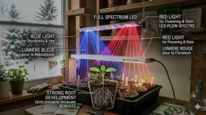 A technical diagram showing the blue and red light spectrums of an LED grow light promoting strong root development in seedlings.