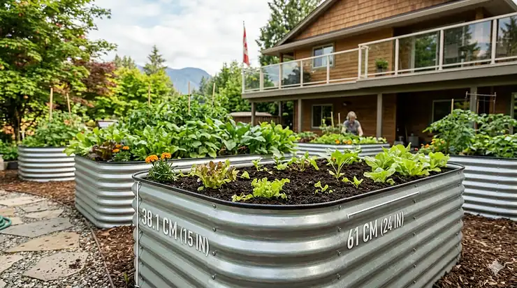 A detailed diagram of metal raised garden beds showing metric height and width measurements (cm/in) for Canadian landscape planning.