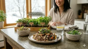 Illustration of fresh microgreens used as a healthy garnish on a meal, highlighting the results of a starter kit.