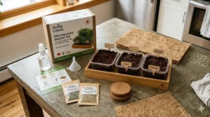 Top-down illustration of a complete microgreens starter kit including compostable trays, non-GMO seeds, and growing medium.