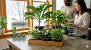 Educational graphic showing the high vitamin content of greens grown with a home microgreens starter kit.