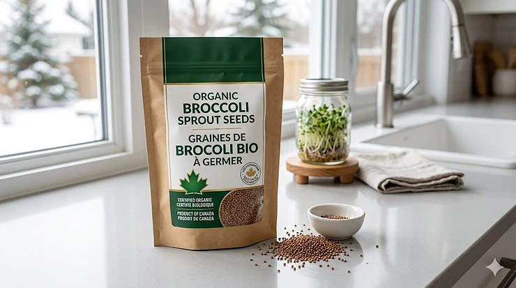 A bag of premium broccoli sprout seeds organic certified, displayed on a clean kitchen counter in a Canadian home with a visible maple leaf quality seal.
