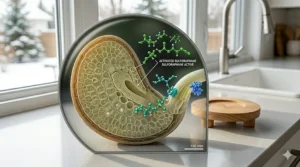 Scientific illustration of the sulforaphane molecule activated by broccoli sprout seeds organic during the sprouting process.