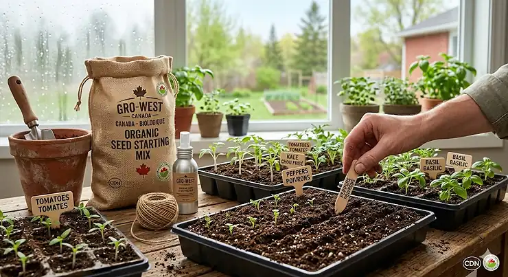 Flat lay of organic seed starting mix, seeds, and gardening tools for a successful Canadian spring garden. seed starting mix Canada organic