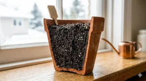 Illustration showing the correct depth to plant basil seeds in a small indoor pot with nutrient-rich potting mix.