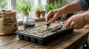 Evenly distributed sunflower microgreens seeds in a soil tray.