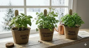 Illustration of basil, cilantro, and parsley grown from a premium herb seed starter kit.