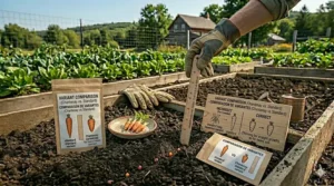 Illustration of a wooden raised garden bed used to grow carrots in regions of Canada with high clay content ground soil.
