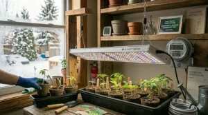 A CSA-approved LED grow light setup demonstrating safe electrical practices for indoor seedling cultivation.